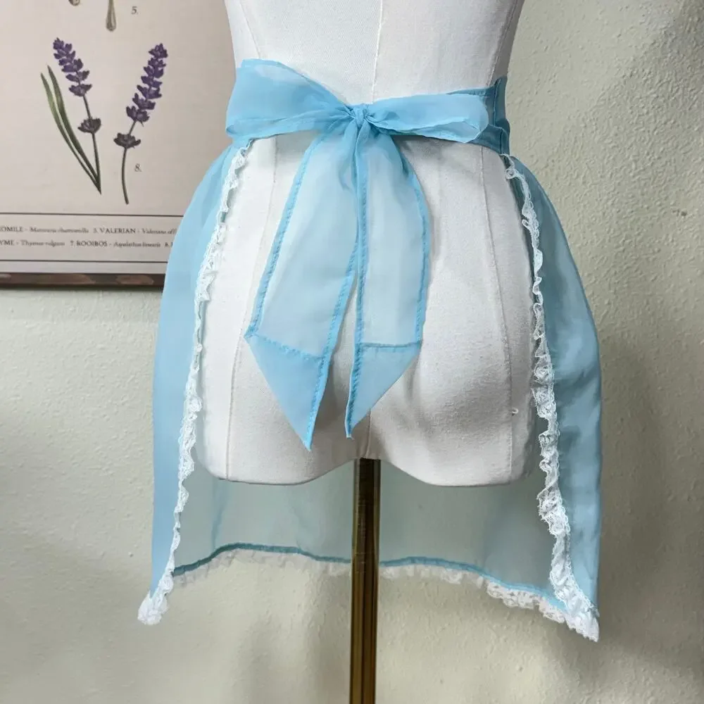 Vintage Sheer Blue Lace Pocket Half Hostess Apron Dolly Coquette Romantic XS S